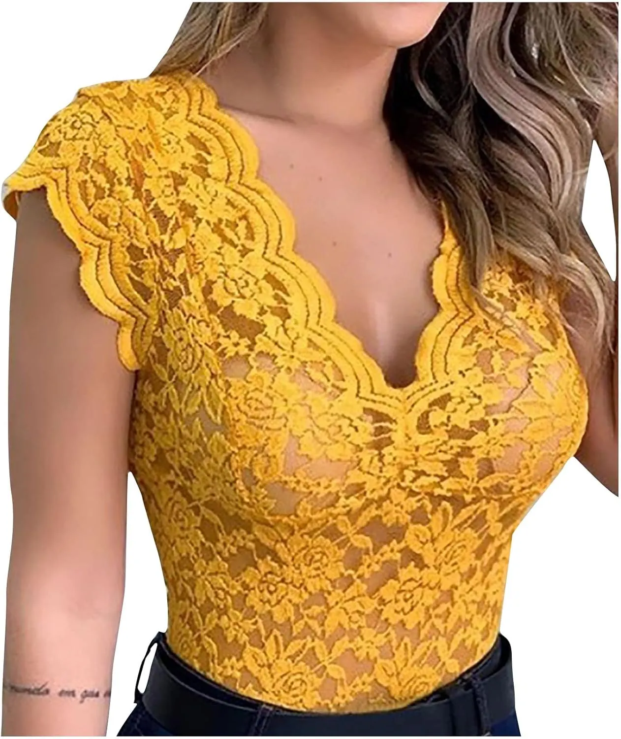 Lastesso Tank Tops Women Trendy Lace Sexy Summer Tops Deep V Neck Sleeveless Slim Fitted Tanks Fashion Going Out Clothes
