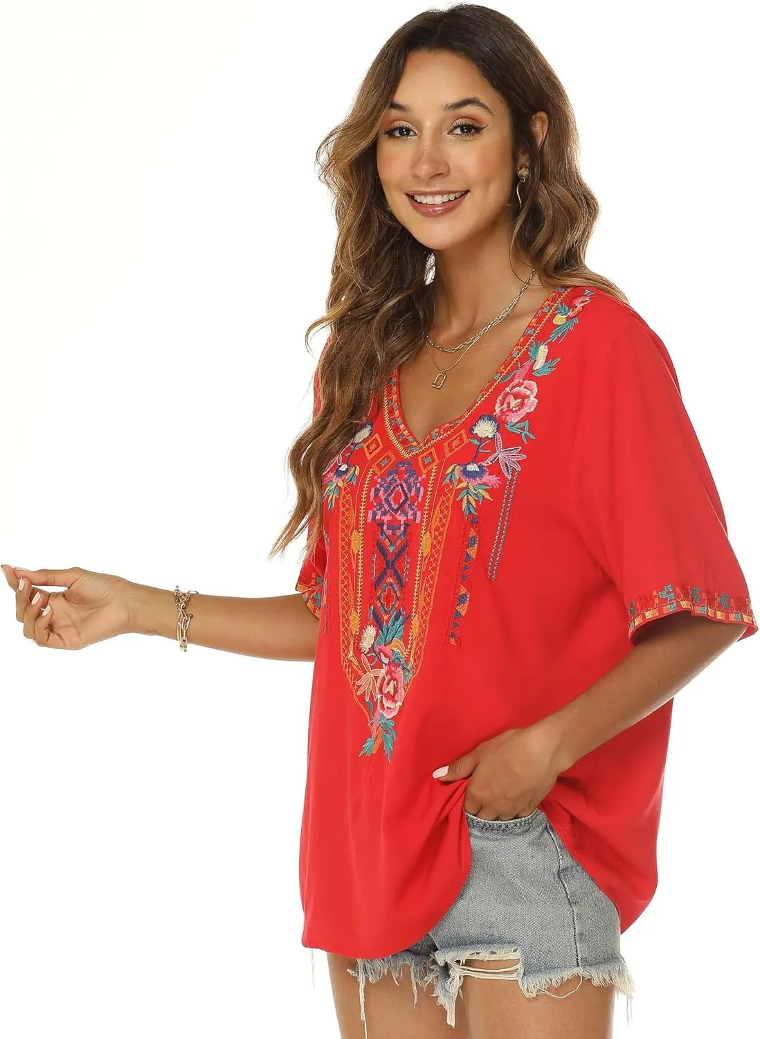 LauraKlein Womens Mexican Embroidered Tops for Women Boho Blouse for Women Summer Short Sleeve Floral Hippie Shirts Tunics