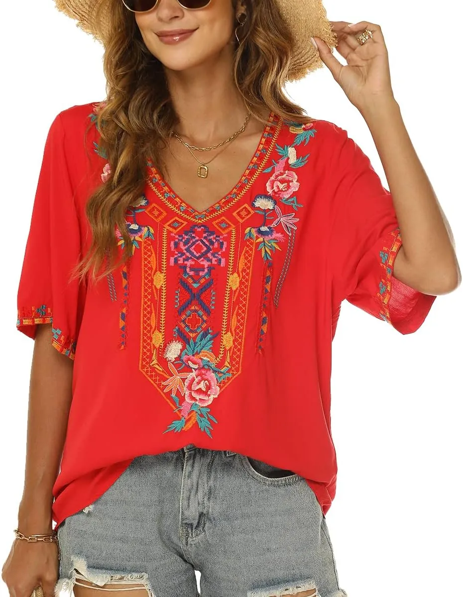 LauraKlein Womens Mexican Embroidered Tops for Women Boho Blouse for Women Summer Short Sleeve Floral Hippie Shirts Tunics