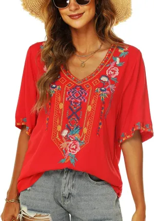 LauraKlein Womens Mexican Embroidered Tops for Women Boho Blouse for Women Summer Short Sleeve Floral Hippie Shirts Tunics