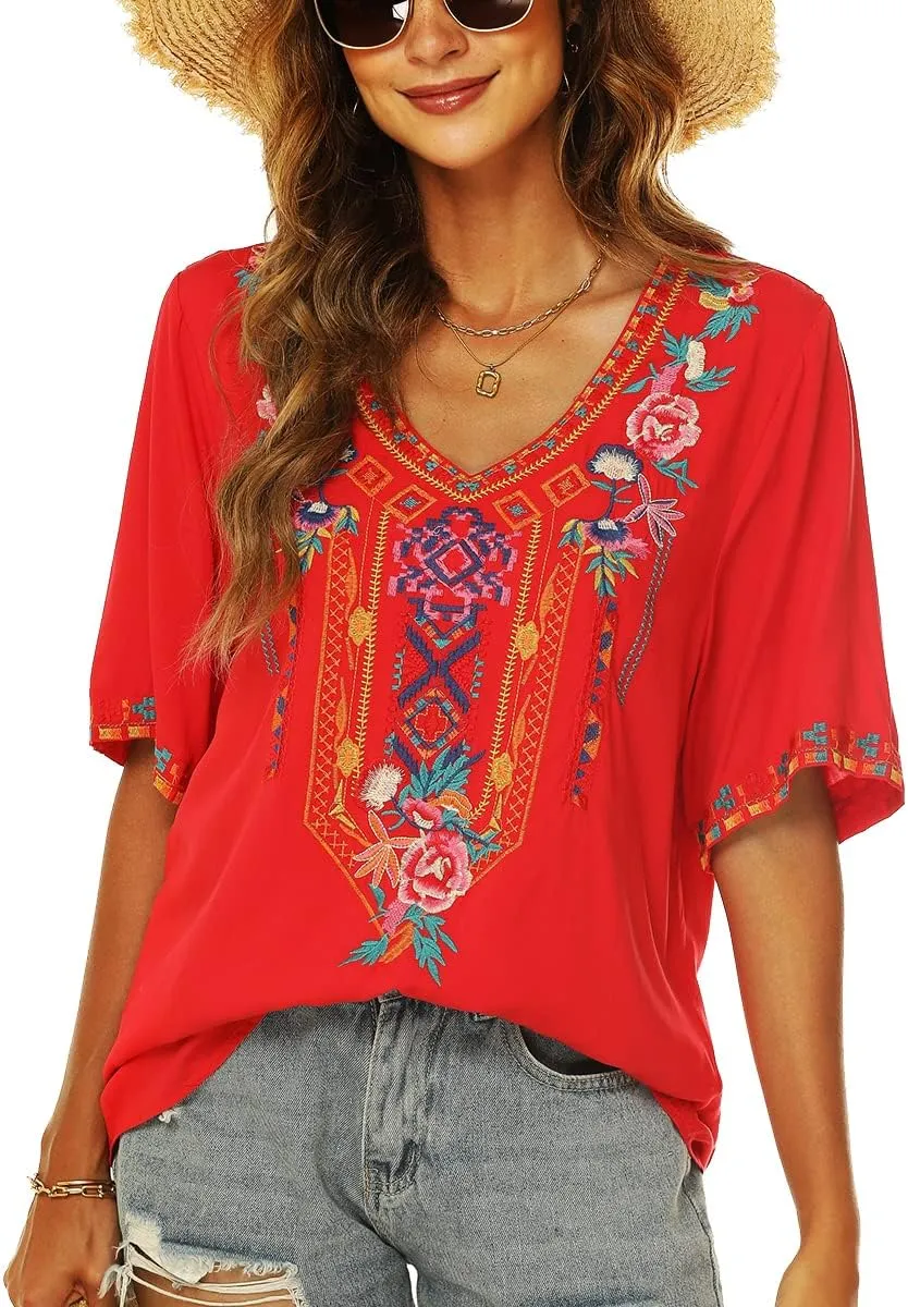 LauraKlein Womens Mexican Embroidered Tops for Women Boho Blouse for Women Summer Short Sleeve Floral Hippie Shirts Tunics