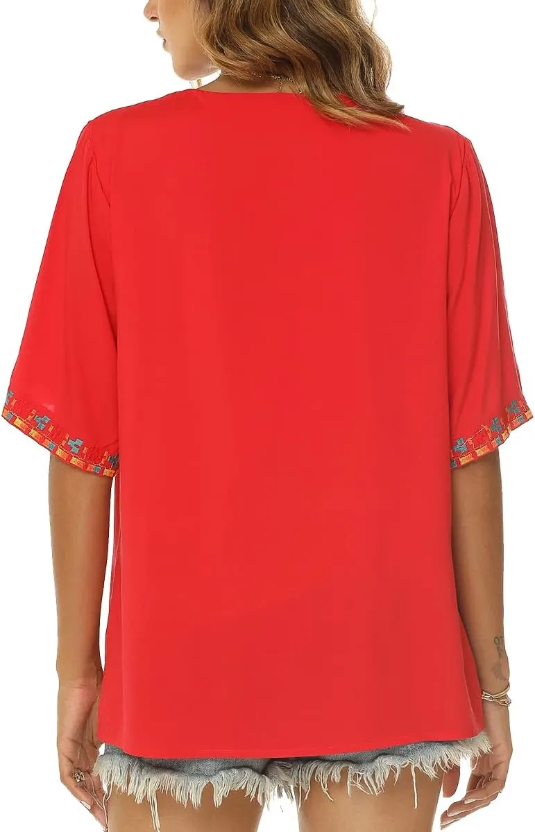 LauraKlein Womens Mexican Embroidered Tops for Women Boho Blouse for Women Summer Short Sleeve Floral Hippie Shirts Tunics