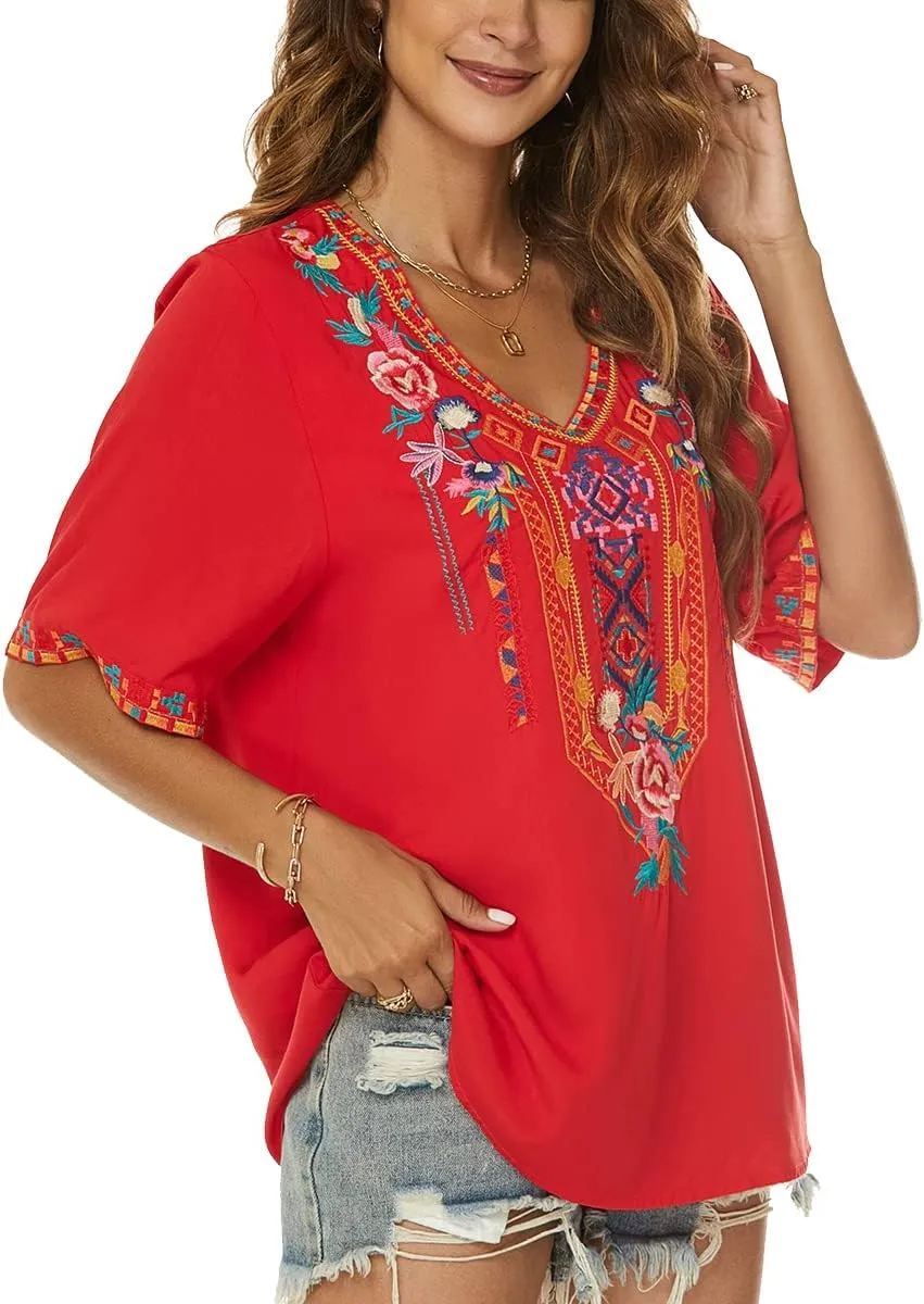 LauraKlein Womens Mexican Embroidered Tops for Women Boho Blouse for Women Summer Short Sleeve Floral Hippie Shirts Tunics