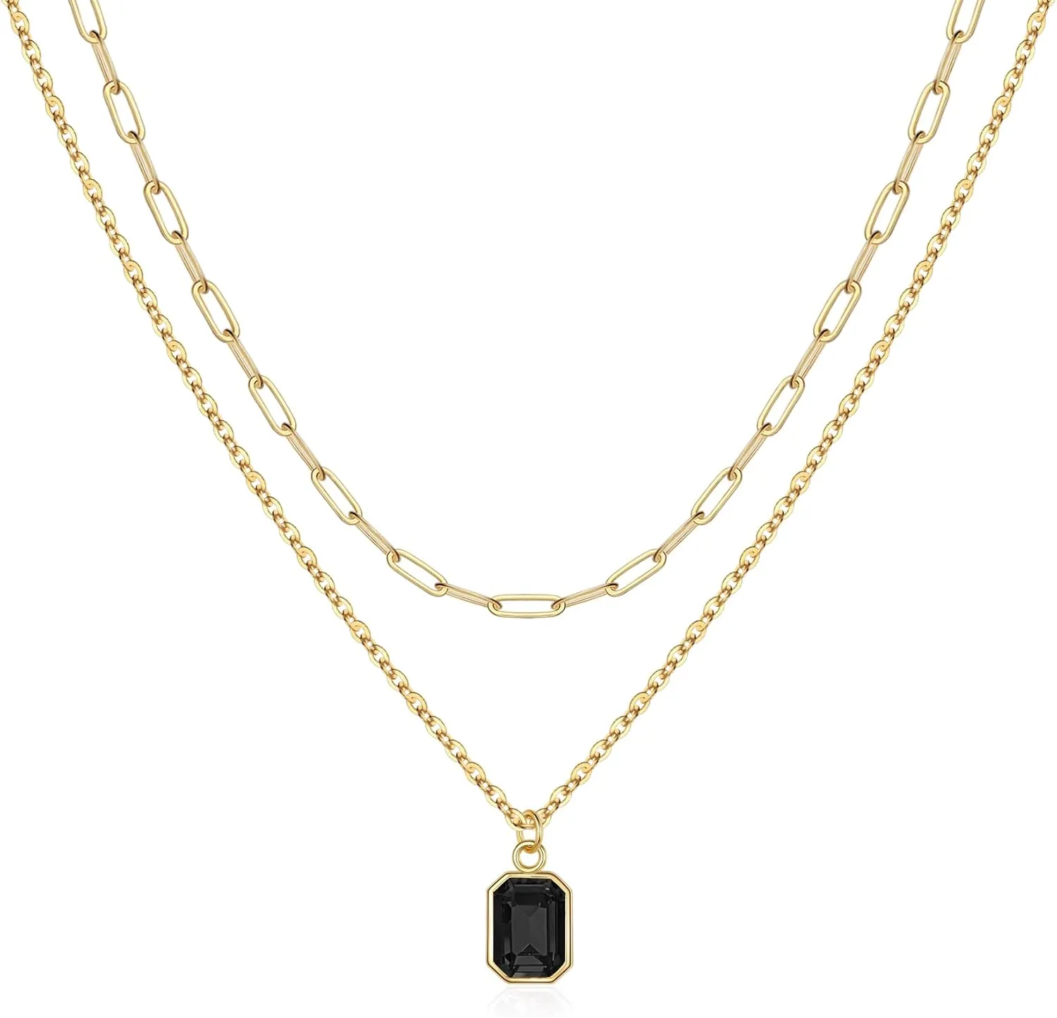 Layered Birthstone Necklace for Women Girls, Gold Silver Rose Gold Plated Layered Paperclip Chain Choker Necklace with Rectangle Birthstone Pendant Birthday Gifts for Women Girls Jewelry