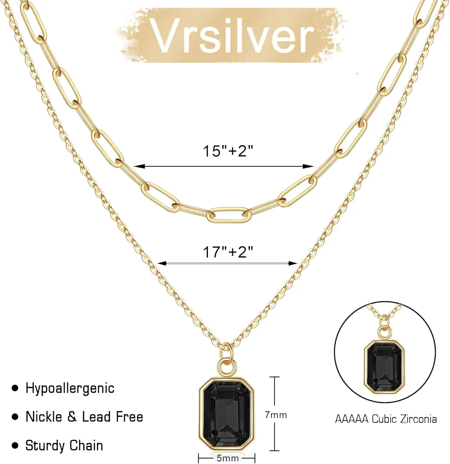 Layered Birthstone Necklace for Women Girls, Gold Silver Rose Gold Plated Layered Paperclip Chain Choker Necklace with Rectangle Birthstone Pendant Birthday Gifts for Women Girls Jewelry