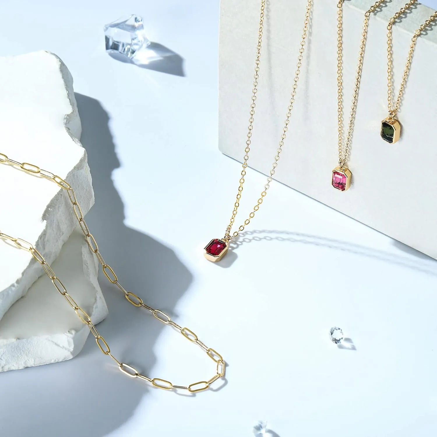 Layered Birthstone Necklace for Women Girls, Gold Silver Rose Gold Plated Layered Paperclip Chain Choker Necklace with Rectangle Birthstone Pendant Birthday Gifts for Women Girls Jewelry