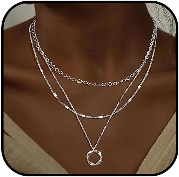 Layered Circle Necklace for Women Gold Stacked Cross Choker Necklace Silver Cuban Paperclip Chain Necklace Cubic Zirconia Cross Pendant Necklace Trendy Multilayer Link Jewelry