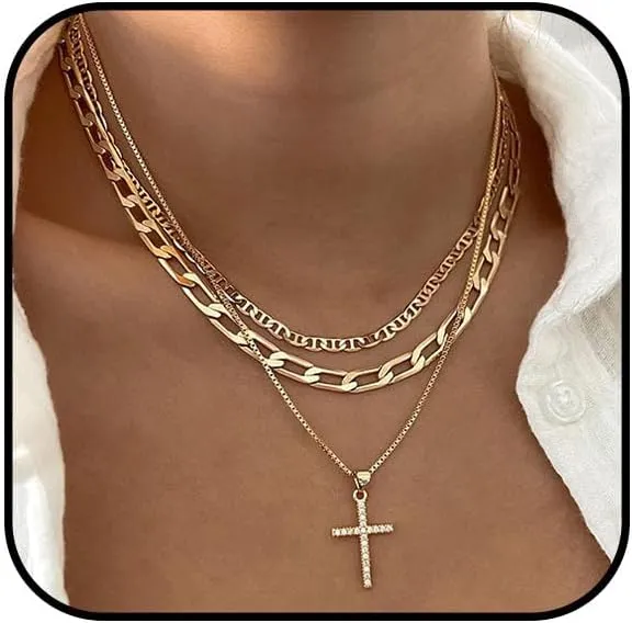 Layered Circle Necklace for Women Gold Stacked Cross Choker Necklace Silver Cuban Paperclip Chain Necklace Cubic Zirconia Cross Pendant Necklace Trendy Multilayer Link Jewelry