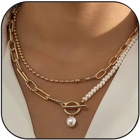 Layered Gold Necklaces for Women Chunky Pearl Choker Necklace Layered Baroque Pearl Necklace Vintage Pearl OT Clasp Necklace Stack Paperclip Herringbone Choker Necklace for Women Men