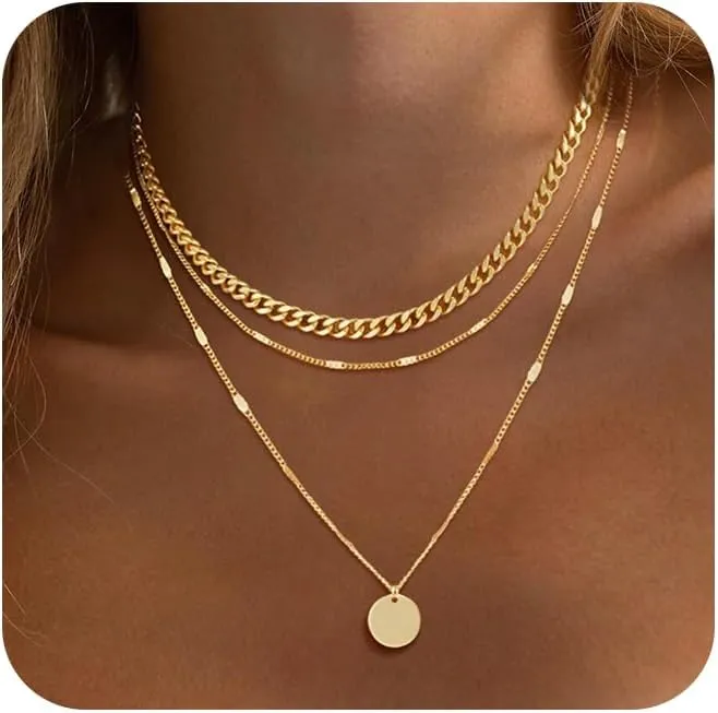 Layered Gold Necklaces for Women Non Tarnish Stacked 14k Gold Coin Pendant Necklace Cuban Link Chain Simple Gold Choker Layering Necklace Gold Jewelry Set Gifts