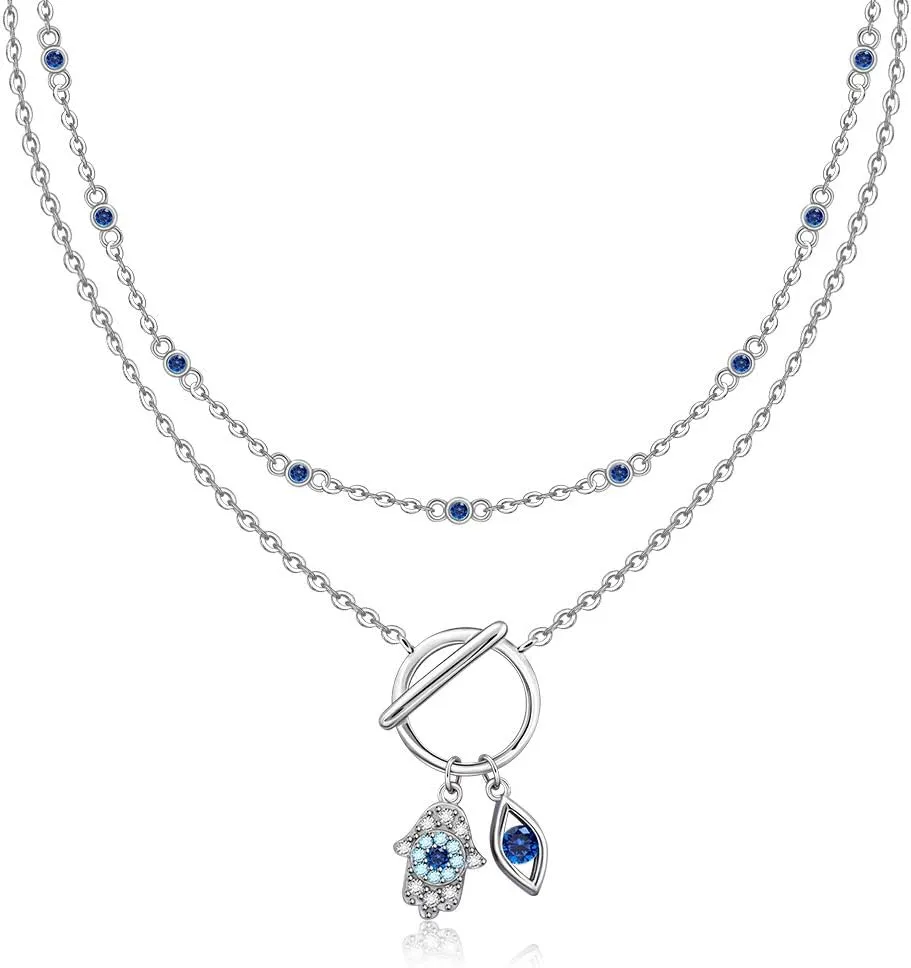 Layered Hamsa Hand Evil Eye Necklace for Women S925 Sterling Silver Hand of Fatima Necklaces Good Luck Gifts