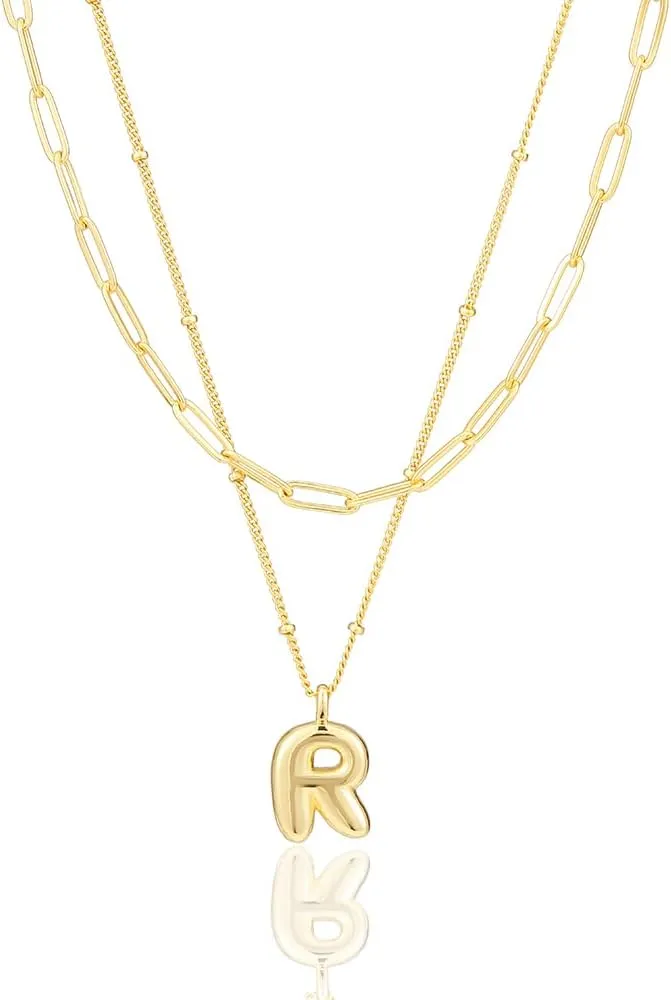 Layered Initial Necklaces for Women Trendy, 18K Gold Plated Bubble Letter A-Z Pendant Necklace Tiny Initial Necklace Personalized Monogram Layered Gold Choker for Women Jewelry