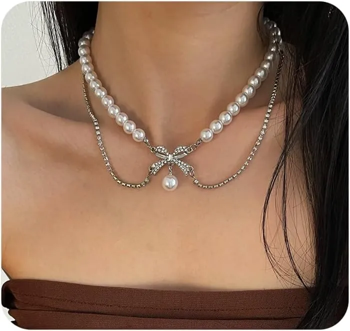 Layered Rhinestone Bow Pearl Necklace for Women Vintage Sparkling Crystal Bowknot Beaded Choker Trendy CZ Ribbon Necklace Charm Jewelry Accessories