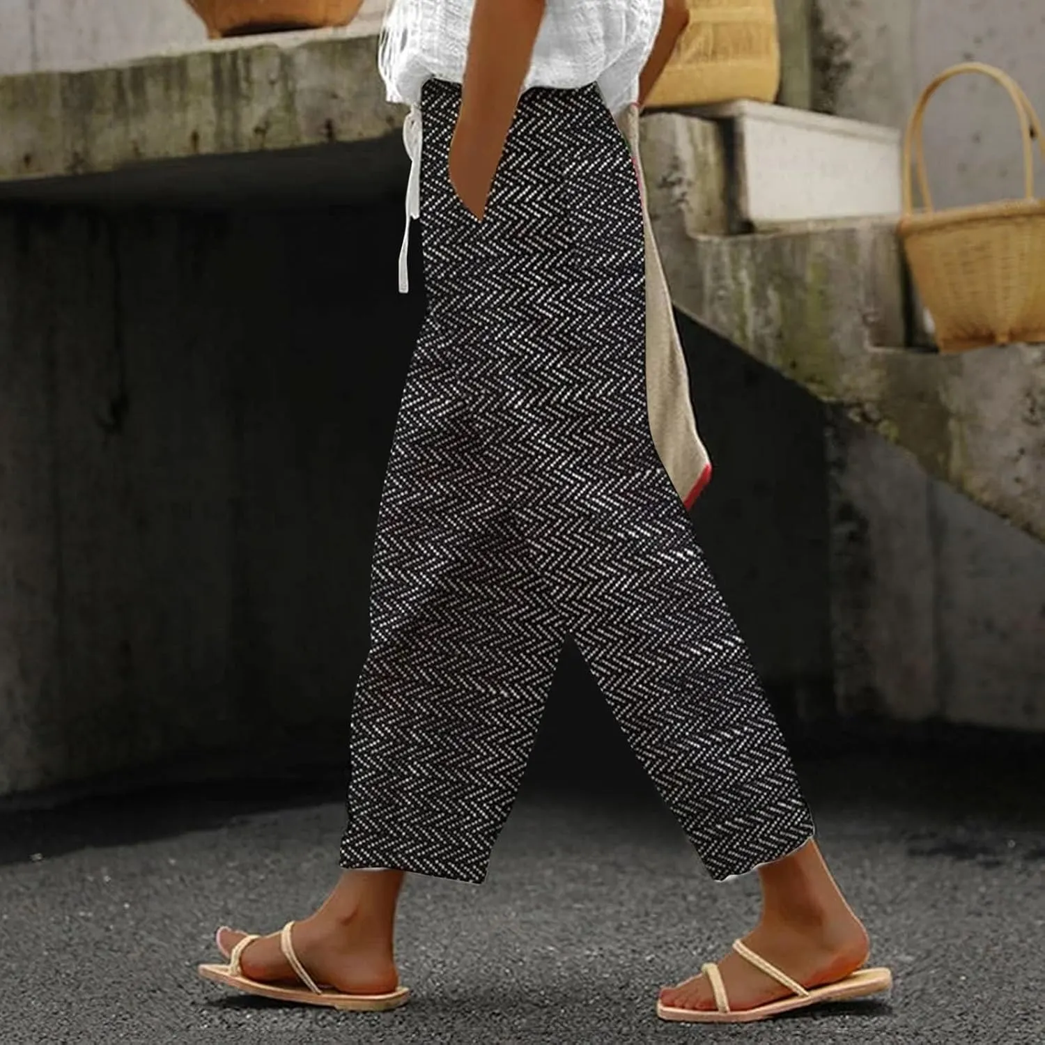 LCMTWX Lightweight Pants Women Drawstring Capri Pants with Pockets Wide Leg Cropped Pants for Women Womens Linen Pants Boho