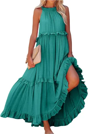 lcyhony Halter Dresses for Women Summer Elegant Flowy Tiered Ruffle Maxi Dress Y2k Sexy Beach Vacation Sundress with Pockets