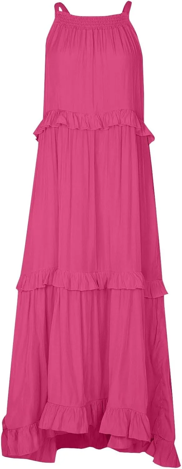lcyhony Halter Dresses for Women Summer Elegant Flowy Tiered Ruffle Maxi Dress Y2k Sexy Beach Vacation Sundress with Pockets