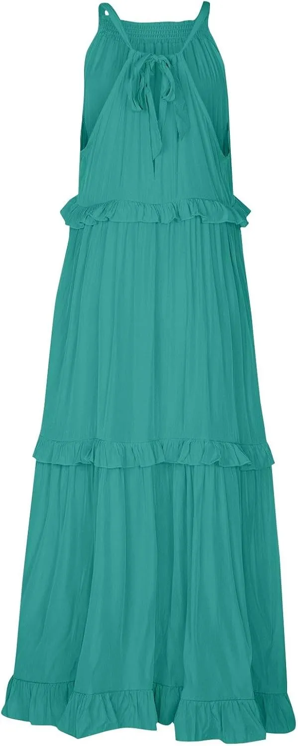 lcyhony Halter Dresses for Women Summer Elegant Flowy Tiered Ruffle Maxi Dress Y2k Sexy Beach Vacation Sundress with Pockets