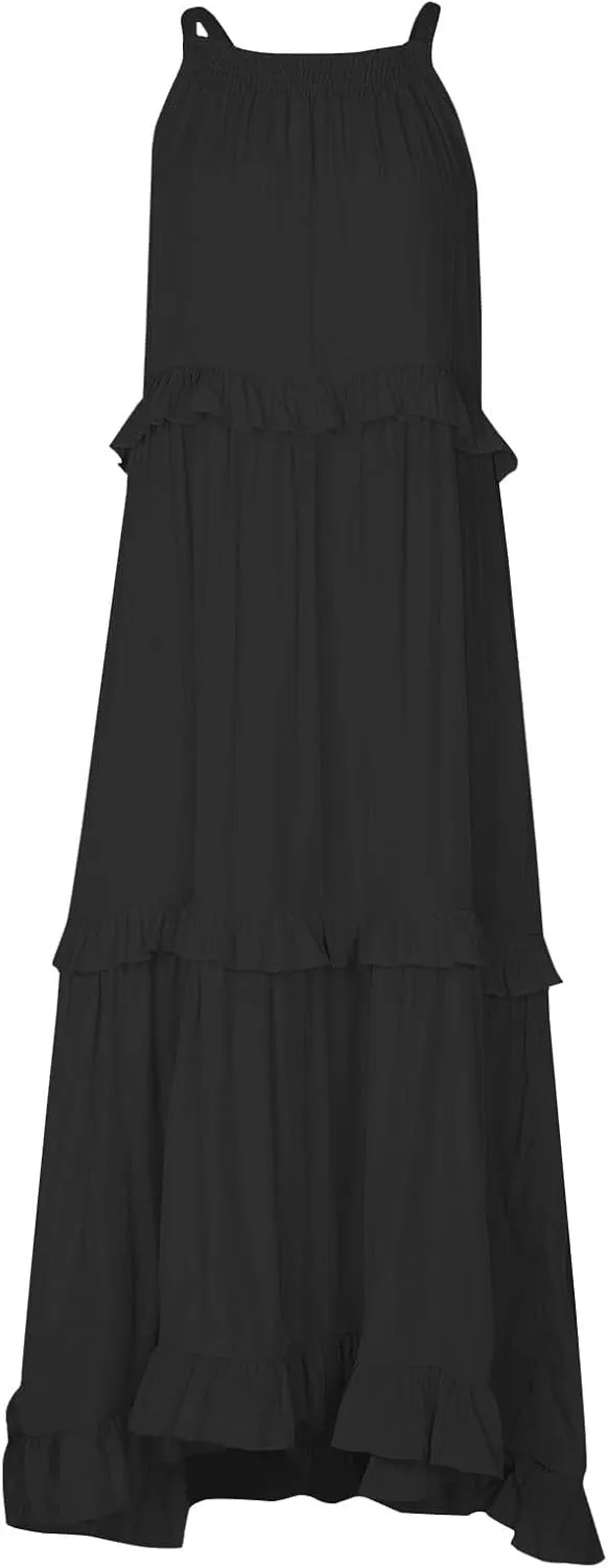 lcyhony Halter Dresses for Women Summer Elegant Flowy Tiered Ruffle Maxi Dress Y2k Sexy Beach Vacation Sundress with Pockets