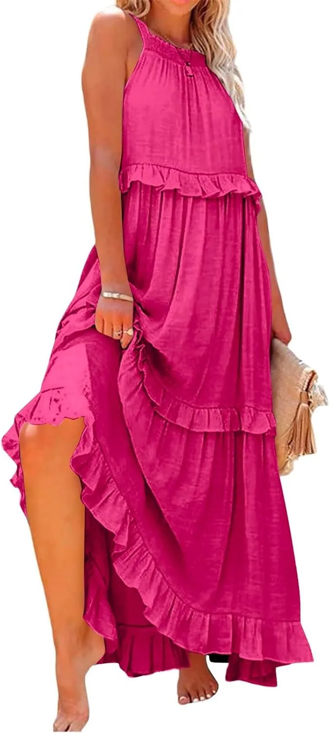 lcyhony Halter Dresses for Women Summer Elegant Flowy Tiered Ruffle Maxi Dress Y2k Sexy Beach Vacation Sundress with Pockets