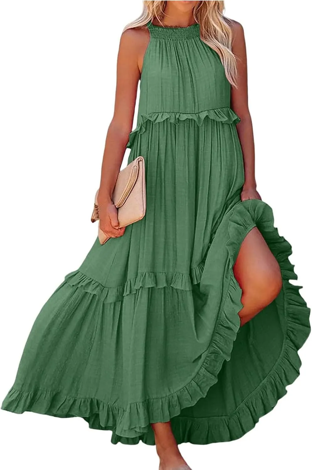 lcyhony Halter Dresses for Women Summer Elegant Flowy Tiered Ruffle Maxi Dress Y2k Sexy Beach Vacation Sundress with Pockets