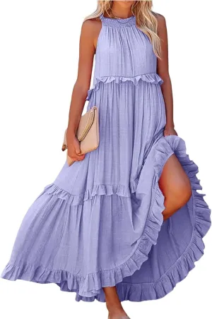 lcyhony Halter Dresses for Women Summer Elegant Flowy Tiered Ruffle Maxi Dress Y2k Sexy Beach Vacation Sundress with Pockets