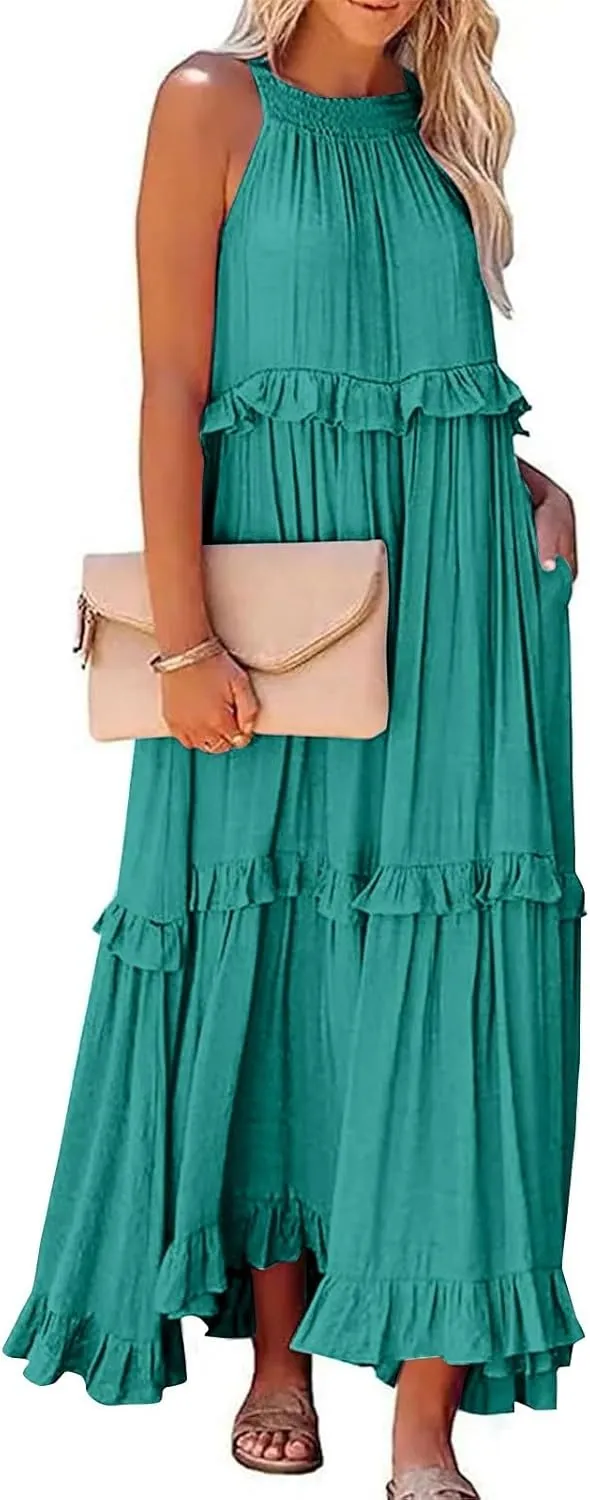 lcyhony Halter Dresses for Women Summer Elegant Flowy Tiered Ruffle Maxi Dress Y2k Sexy Beach Vacation Sundress with Pockets