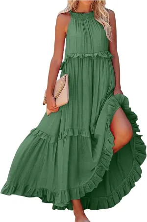 lcyhony Halter Dresses for Women Summer Elegant Flowy Tiered Ruffle Maxi Dress Y2k Sexy Beach Vacation Sundress with Pockets