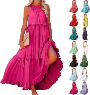 lcyhony Halter Dresses for Women Summer Elegant Flowy Tiered Ruffle Maxi Dress Y2k Sexy Beach Vacation Sundress with Pockets