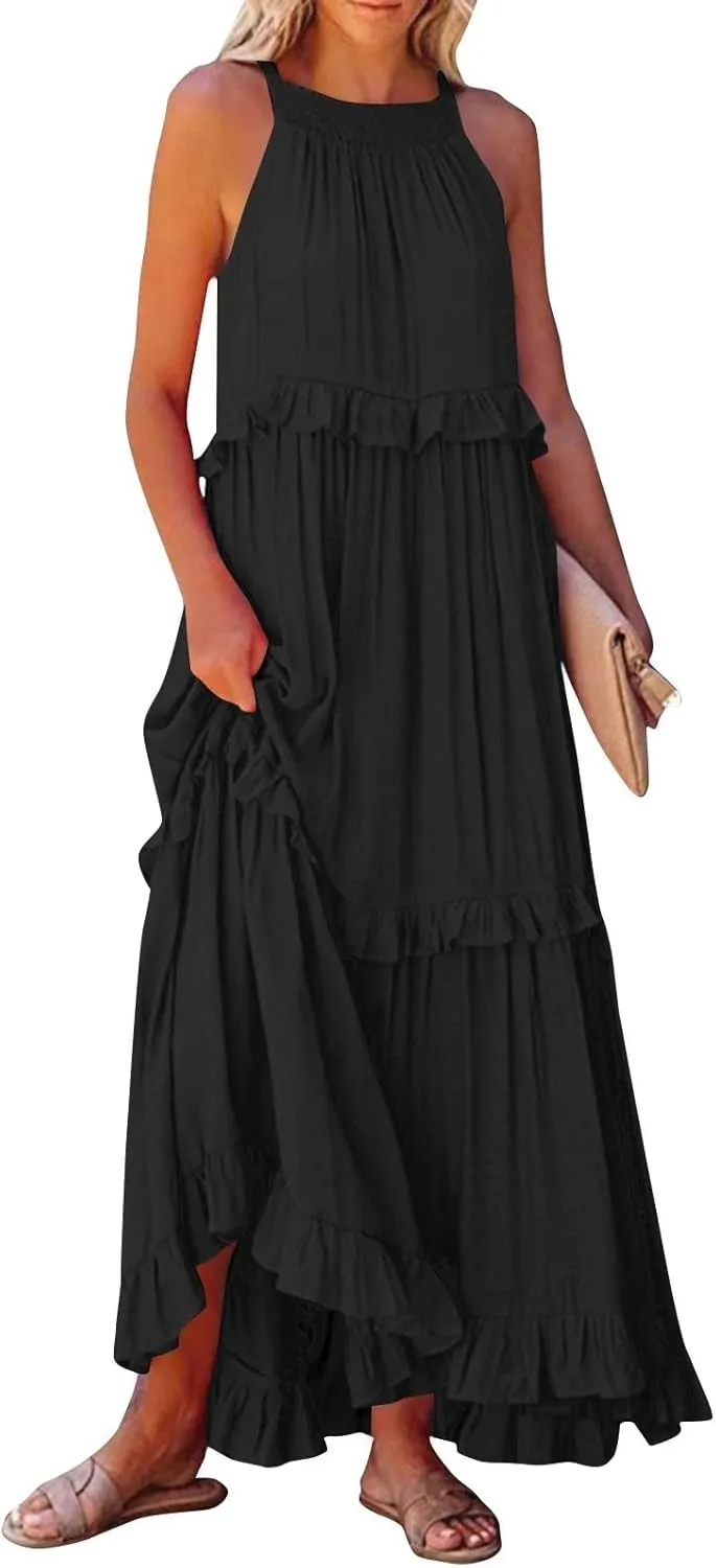 lcyhony Halter Dresses for Women Summer Elegant Flowy Tiered Ruffle Maxi Dress Y2k Sexy Beach Vacation Sundress with Pockets