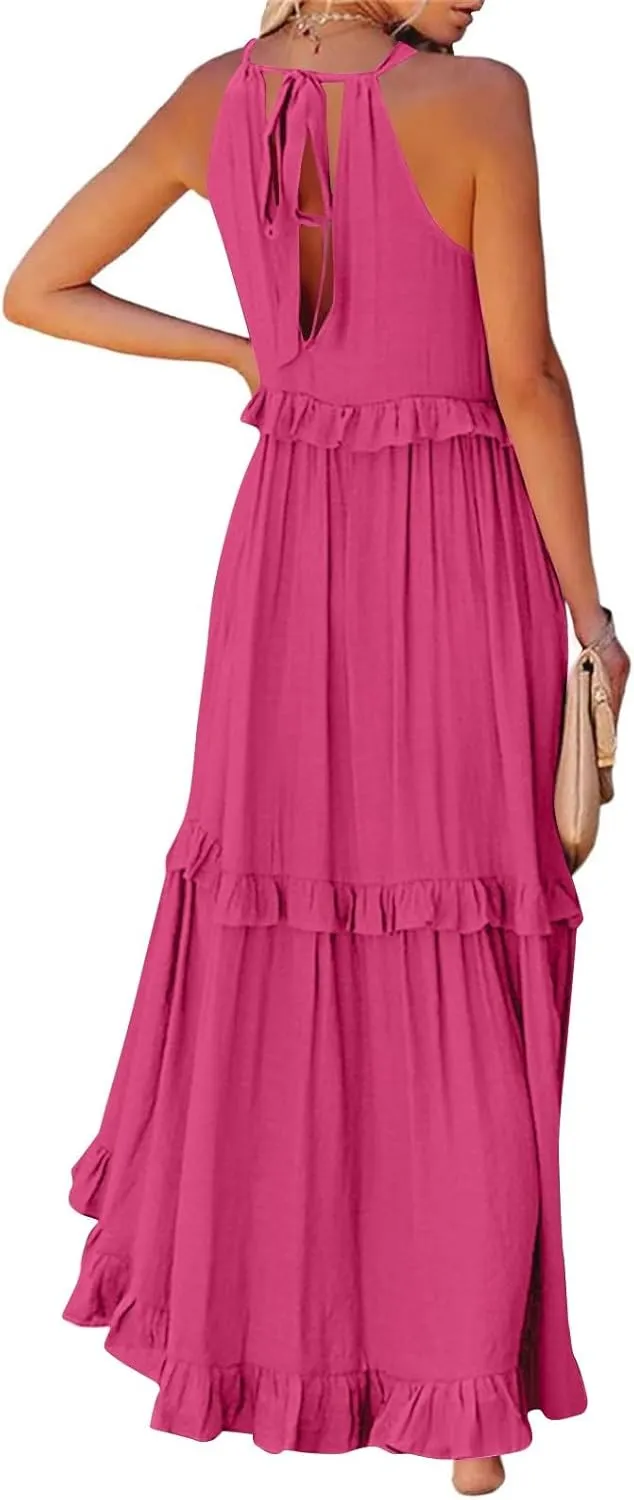 lcyhony Halter Dresses for Women Summer Elegant Flowy Tiered Ruffle Maxi Dress Y2k Sexy Beach Vacation Sundress with Pockets