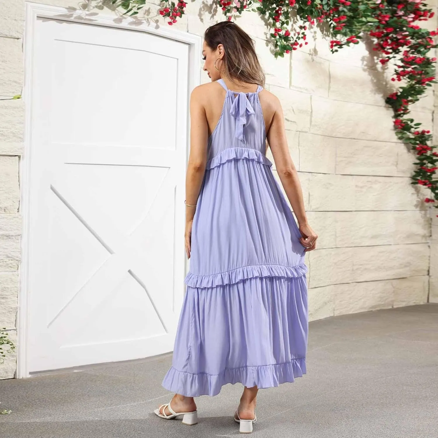 lcyhony Halter Dresses for Women Summer Elegant Flowy Tiered Ruffle Maxi Dress Y2k Sexy Beach Vacation Sundress with Pockets