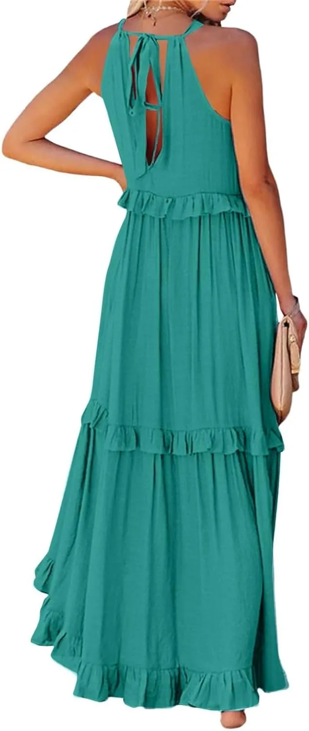 lcyhony Halter Dresses for Women Summer Elegant Flowy Tiered Ruffle Maxi Dress Y2k Sexy Beach Vacation Sundress with Pockets