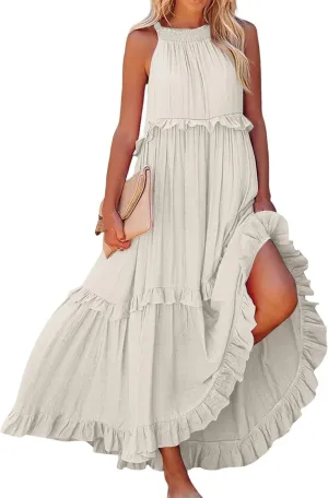 lcyhony Halter Dresses for Women Summer Elegant Flowy Tiered Ruffle Maxi Dress Y2k Sexy Beach Vacation Sundress with Pockets