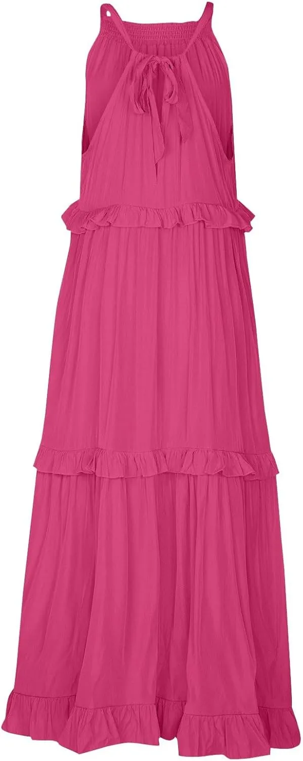 lcyhony Halter Dresses for Women Summer Elegant Flowy Tiered Ruffle Maxi Dress Y2k Sexy Beach Vacation Sundress with Pockets