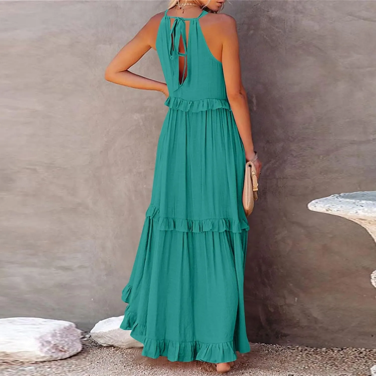 lcyhony Halter Dresses for Women Summer Elegant Flowy Tiered Ruffle Maxi Dress Y2k Sexy Beach Vacation Sundress with Pockets