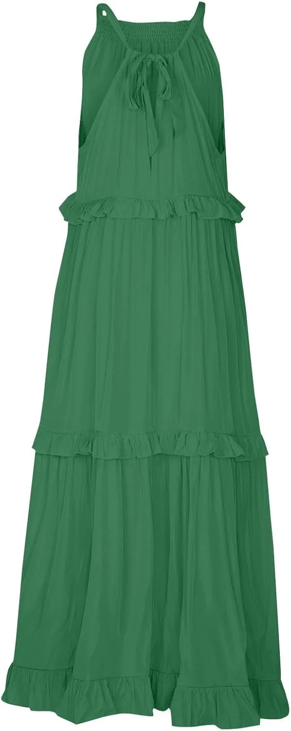 lcyhony Halter Dresses for Women Summer Elegant Flowy Tiered Ruffle Maxi Dress Y2k Sexy Beach Vacation Sundress with Pockets