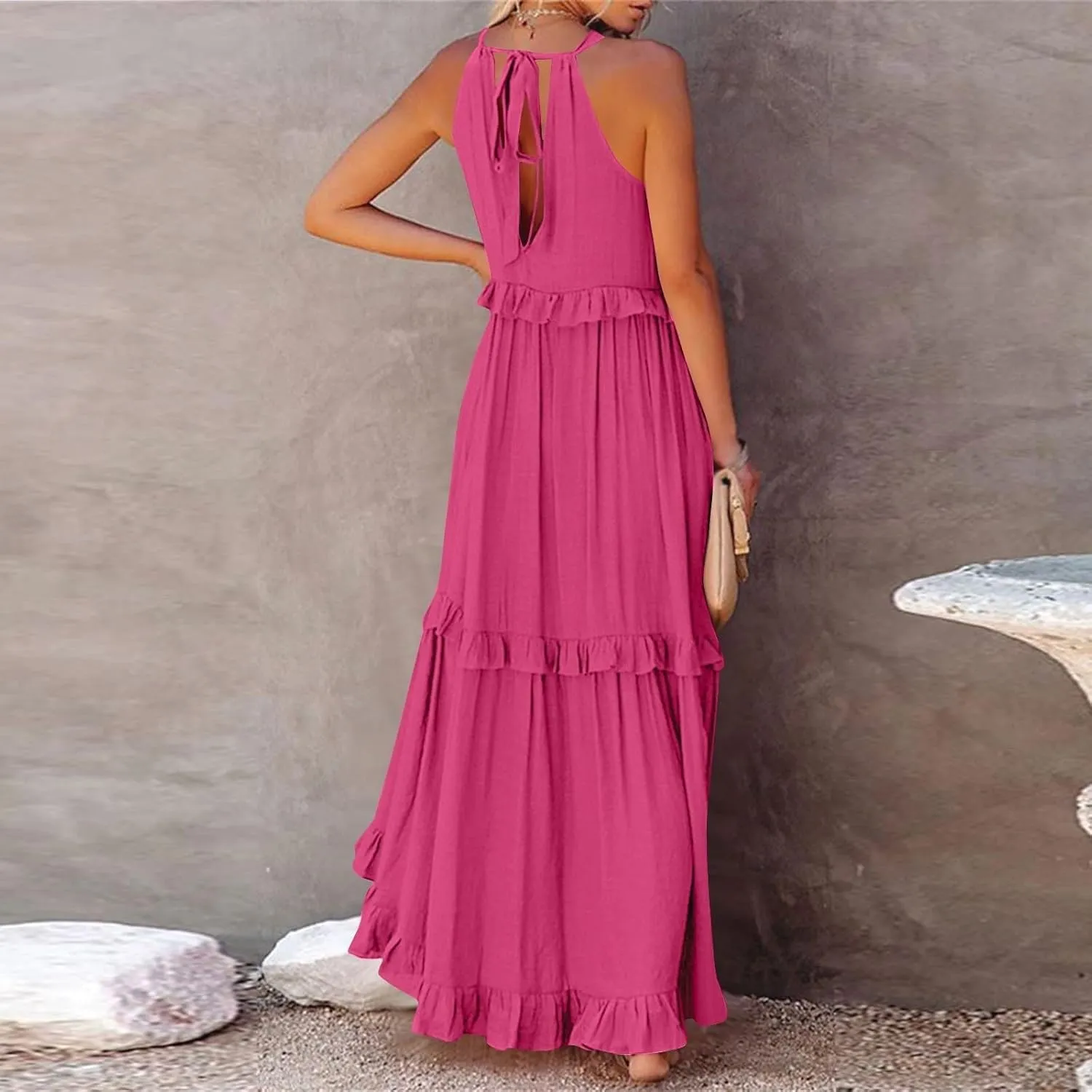 lcyhony Halter Dresses for Women Summer Elegant Flowy Tiered Ruffle Maxi Dress Y2k Sexy Beach Vacation Sundress with Pockets