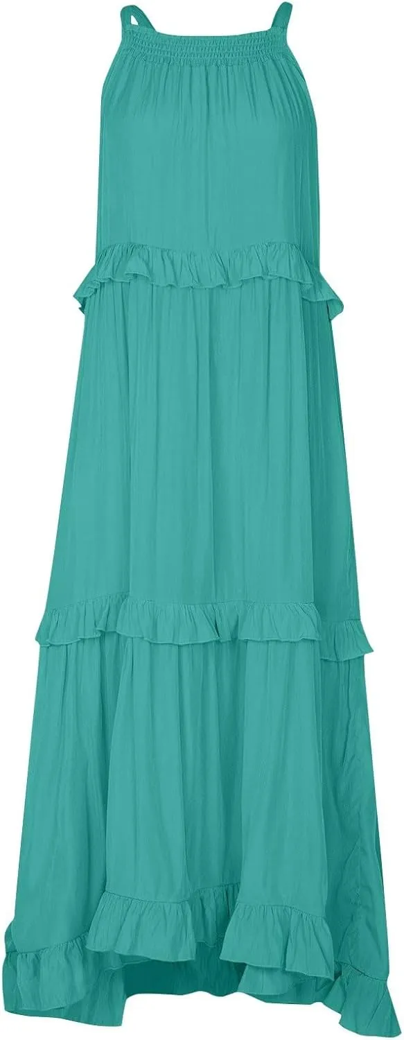 lcyhony Halter Dresses for Women Summer Elegant Flowy Tiered Ruffle Maxi Dress Y2k Sexy Beach Vacation Sundress with Pockets