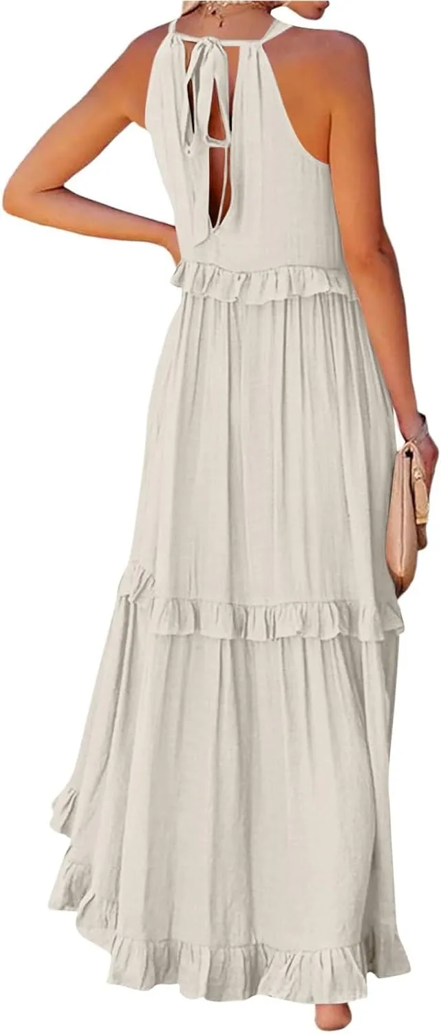 lcyhony Halter Dresses for Women Summer Elegant Flowy Tiered Ruffle Maxi Dress Y2k Sexy Beach Vacation Sundress with Pockets