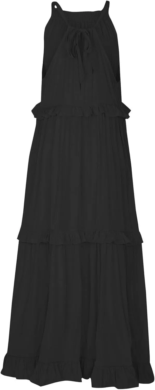 lcyhony Halter Dresses for Women Summer Elegant Flowy Tiered Ruffle Maxi Dress Y2k Sexy Beach Vacation Sundress with Pockets