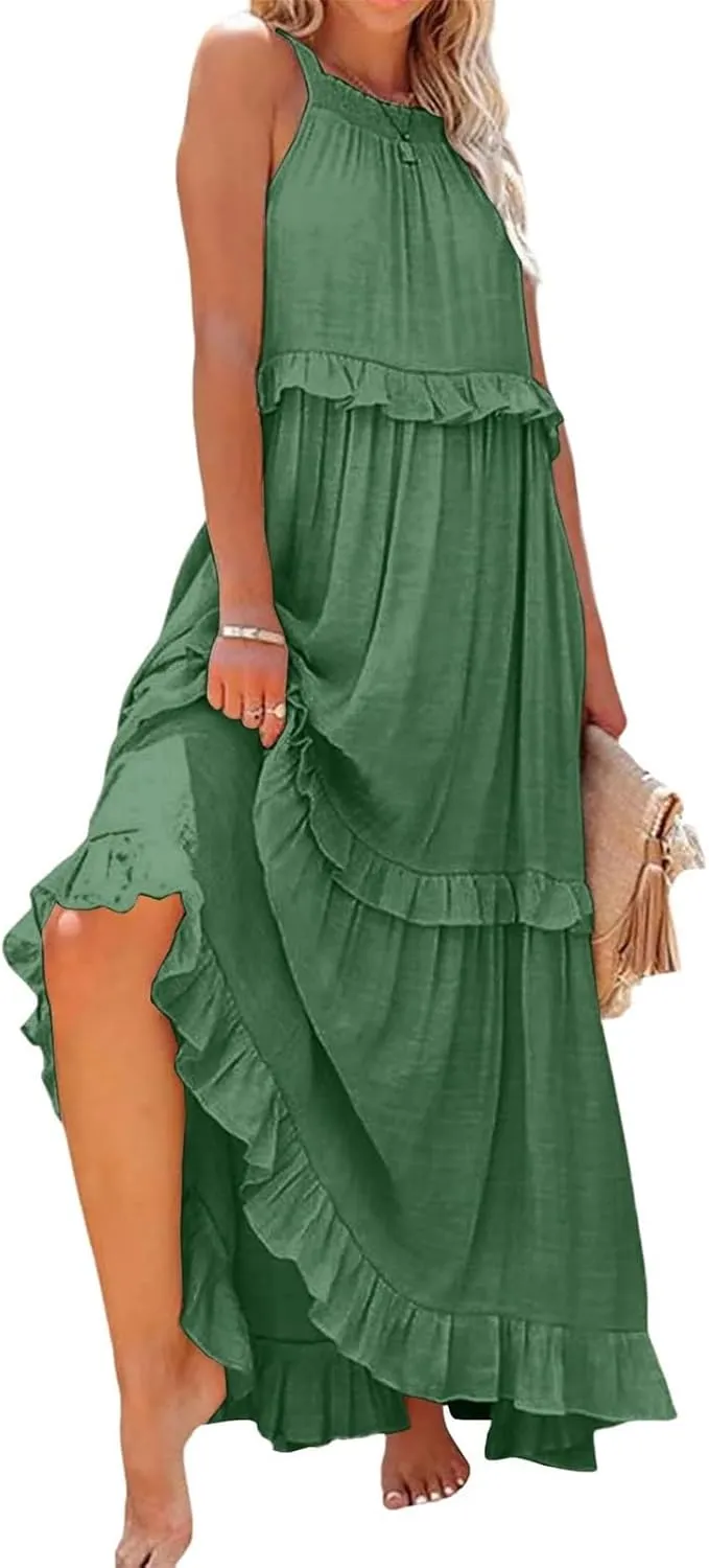 lcyhony Halter Dresses for Women Summer Elegant Flowy Tiered Ruffle Maxi Dress Y2k Sexy Beach Vacation Sundress with Pockets