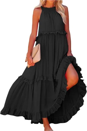 lcyhony Halter Dresses for Women Summer Elegant Flowy Tiered Ruffle Maxi Dress Y2k Sexy Beach Vacation Sundress with Pockets