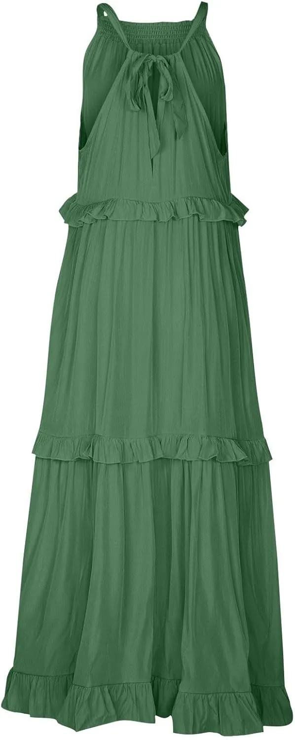 lcyhony Halter Dresses for Women Summer Elegant Flowy Tiered Ruffle Maxi Dress Y2k Sexy Beach Vacation Sundress with Pockets