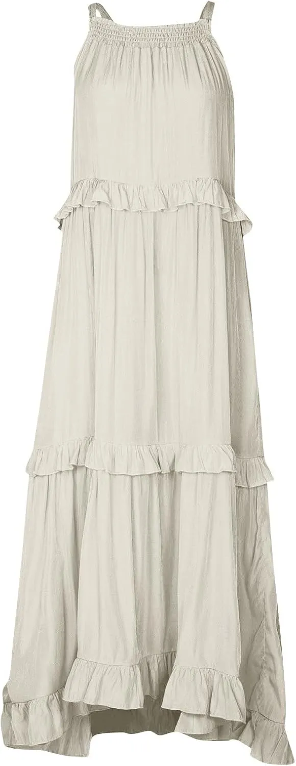 lcyhony Halter Dresses for Women Summer Elegant Flowy Tiered Ruffle Maxi Dress Y2k Sexy Beach Vacation Sundress with Pockets