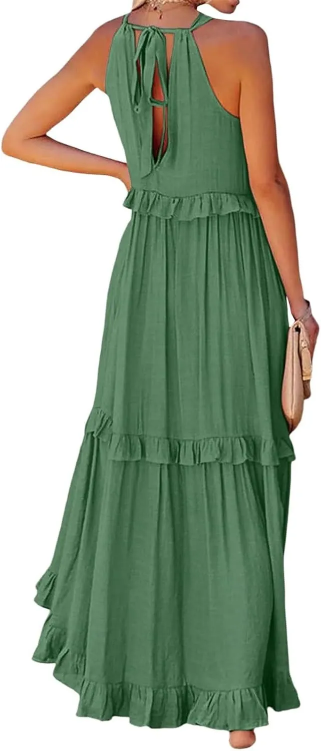 lcyhony Halter Dresses for Women Summer Elegant Flowy Tiered Ruffle Maxi Dress Y2k Sexy Beach Vacation Sundress with Pockets