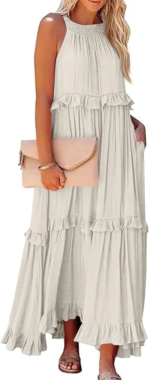 lcyhony Halter Dresses for Women Summer Elegant Flowy Tiered Ruffle Maxi Dress Y2k Sexy Beach Vacation Sundress with Pockets