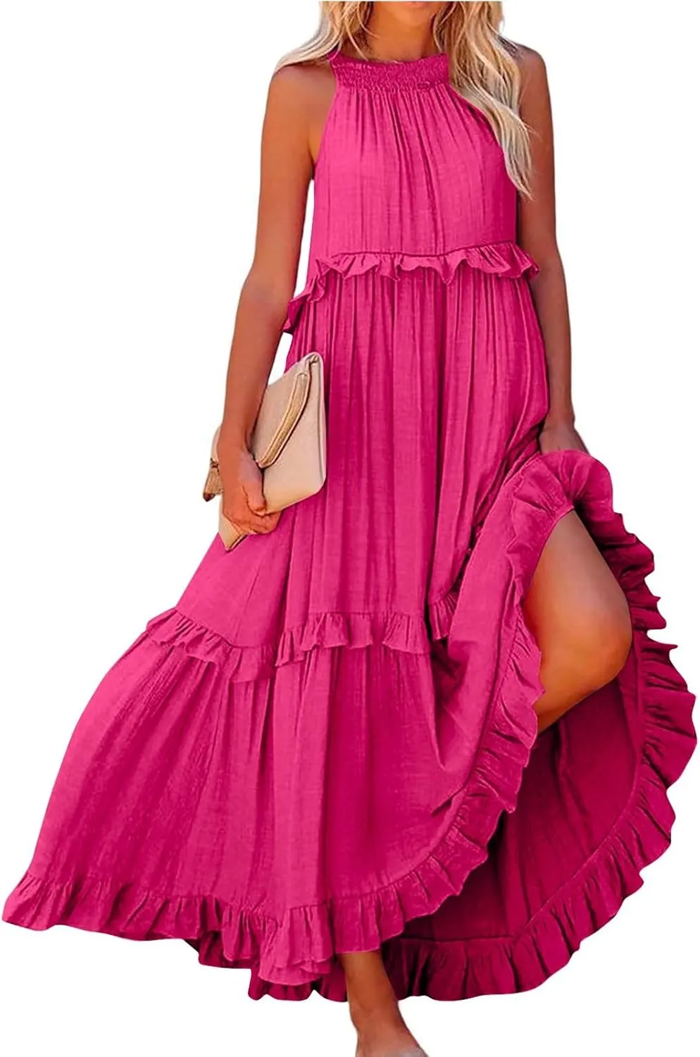 lcyhony Halter Dresses for Women Summer Elegant Flowy Tiered Ruffle Maxi Dress Y2k Sexy Beach Vacation Sundress with Pockets