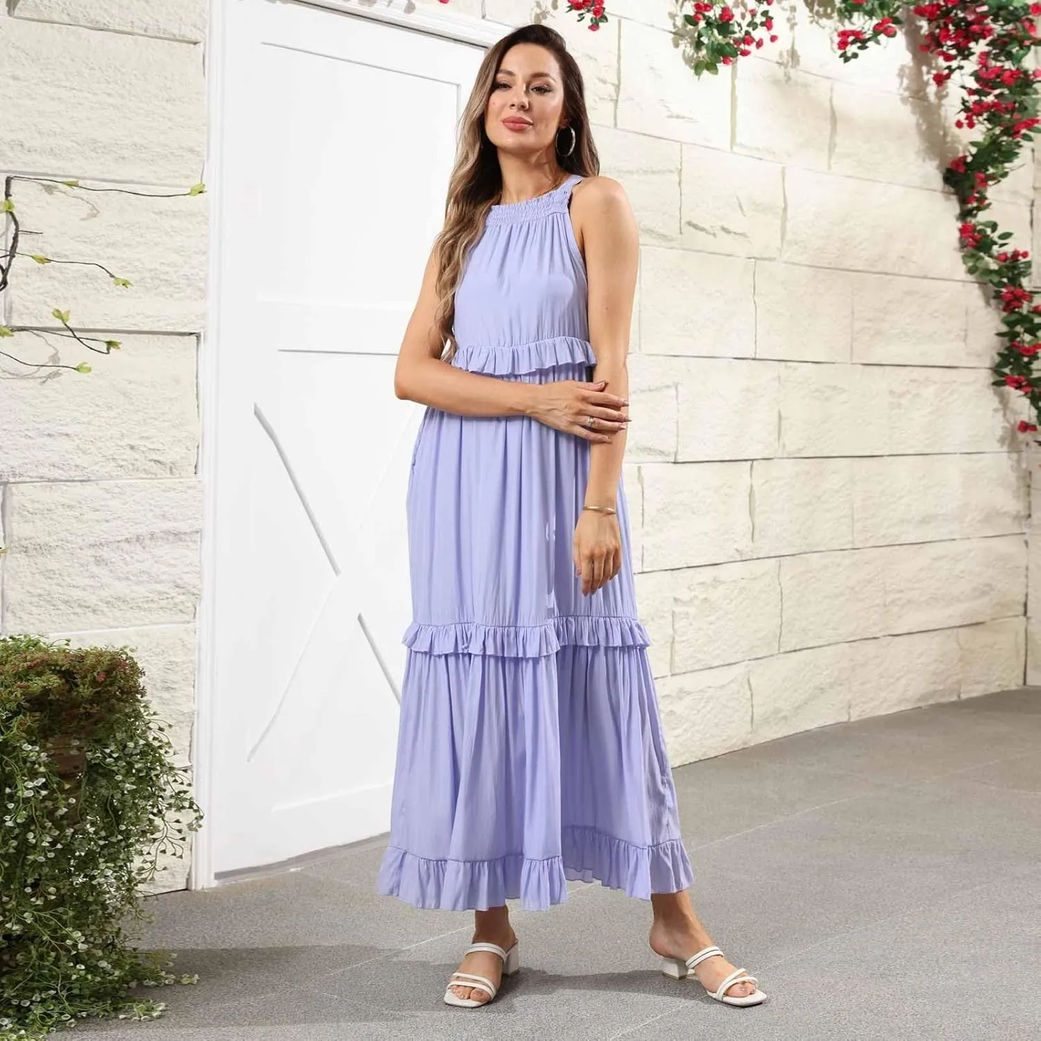 lcyhony Halter Dresses for Women Summer Elegant Flowy Tiered Ruffle Maxi Dress Y2k Sexy Beach Vacation Sundress with Pockets