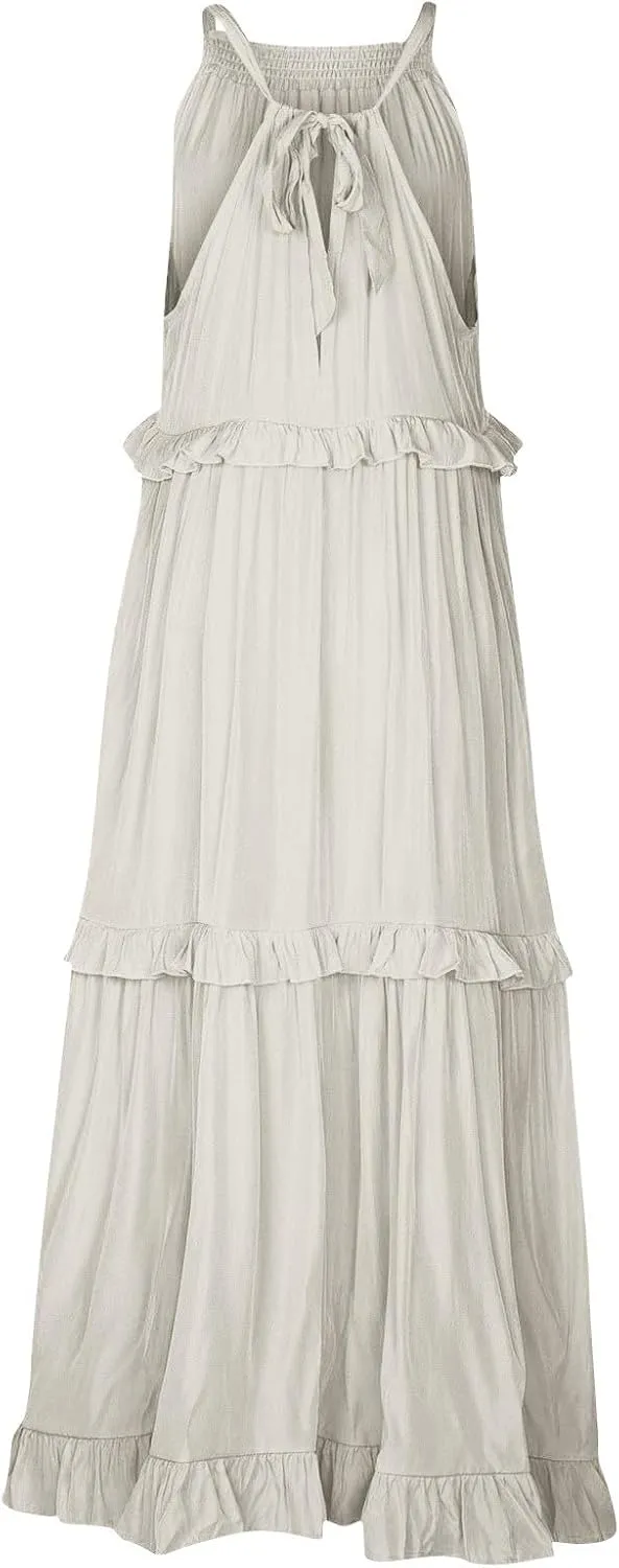 lcyhony Halter Dresses for Women Summer Elegant Flowy Tiered Ruffle Maxi Dress Y2k Sexy Beach Vacation Sundress with Pockets