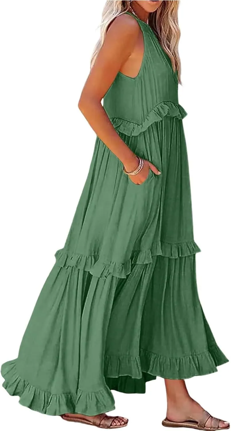 lcyhony Halter Dresses for Women Summer Elegant Flowy Tiered Ruffle Maxi Dress Y2k Sexy Beach Vacation Sundress with Pockets